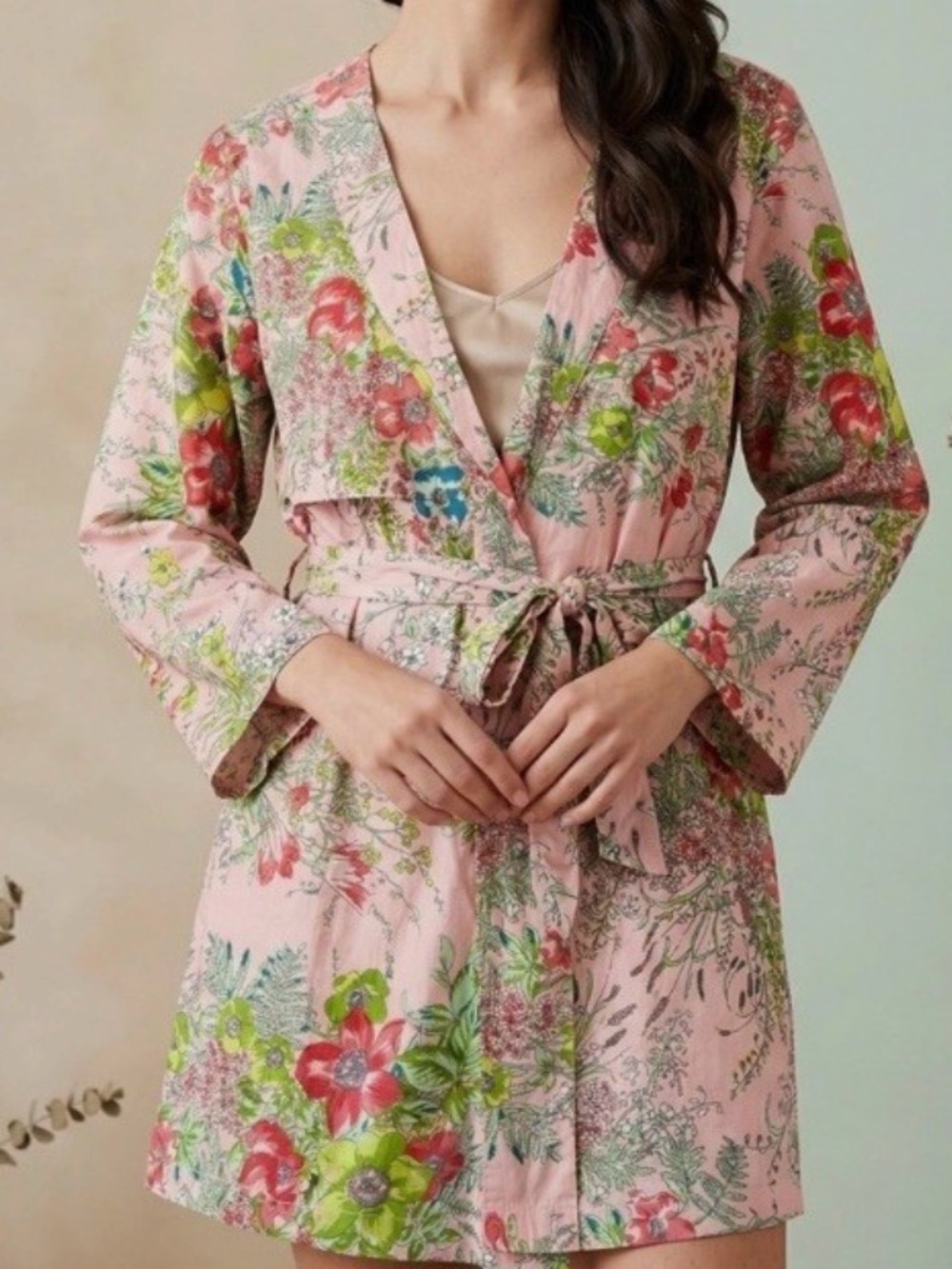 Plum Pretty Sugar Peach Floral Wrap Robe with Red & Green Accents - Picture 6 of 6